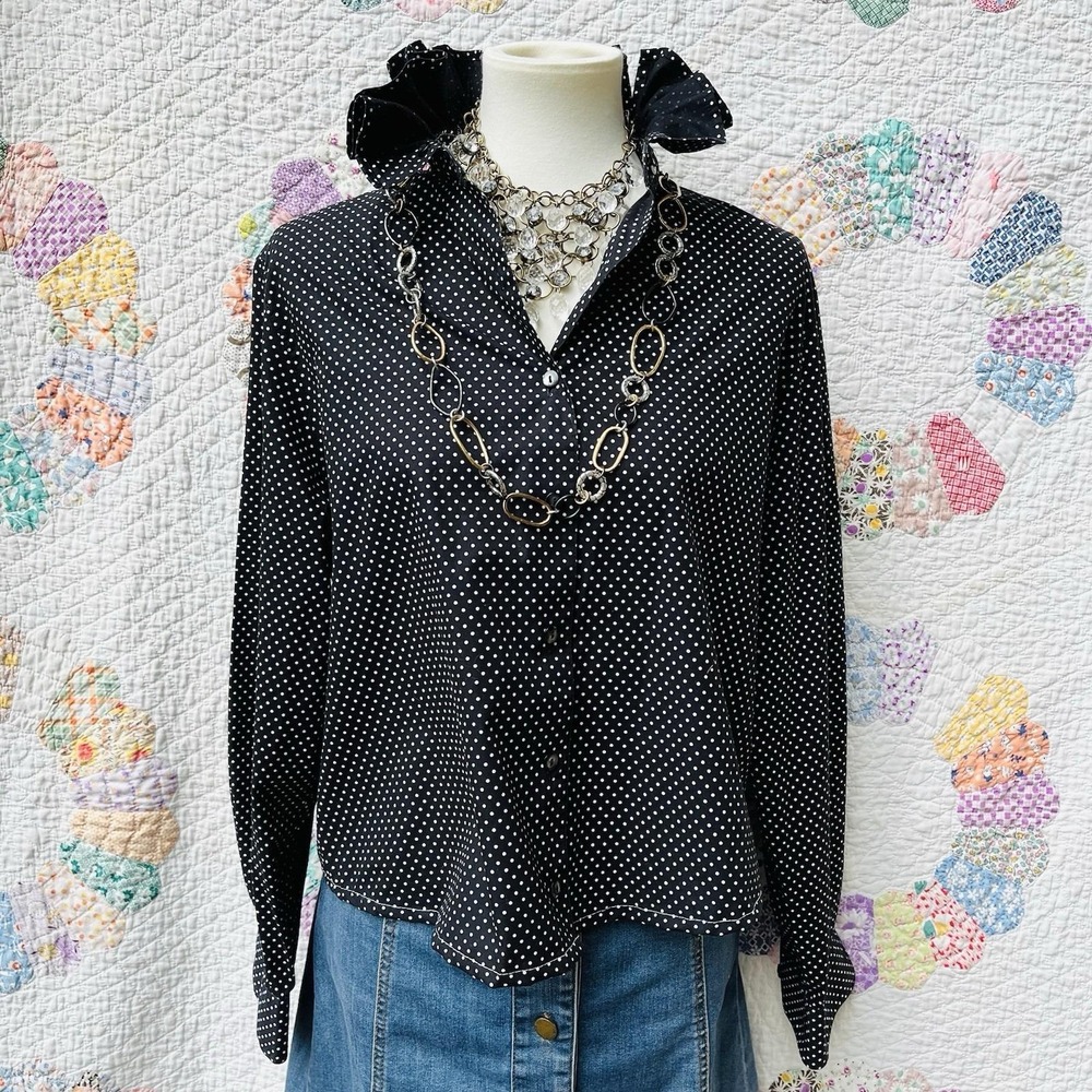 Upcycled Reworked Foxcroft Stretch Black & White Polka Dot Ruffle Collar Shirt M